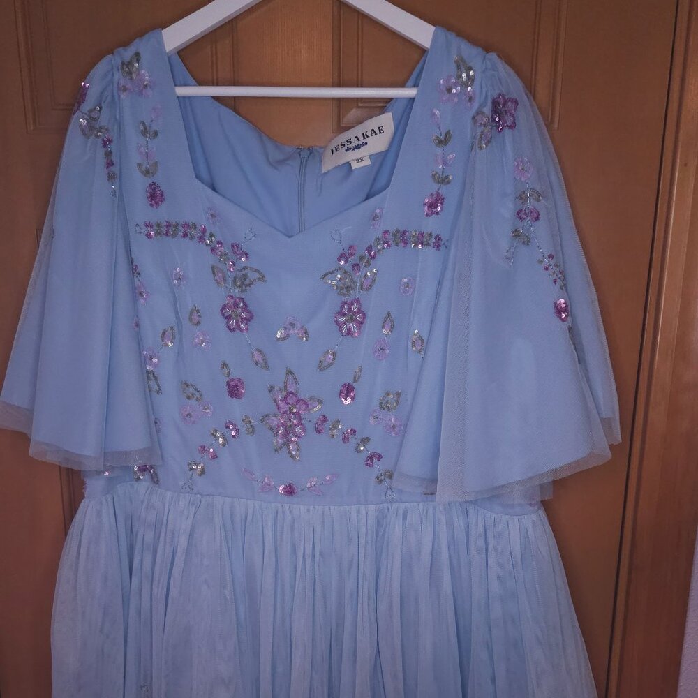 Jessakae Blue Dewdrop Dress – 3X – Flutter Sleeves – Knee Length - Picture 2 of 8